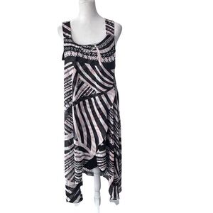 Joseph Ribkoff Black Pink Stripe Tribal Sleeveless Layered Asymetric Midi Dress